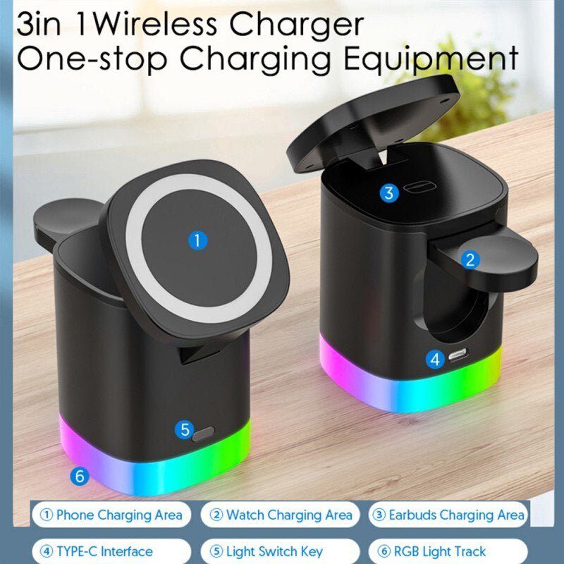 Ultimate 3-in-1 Magnetic Wireless Fast Charger with RGB Ambient Light - Perfect Charging Station for Your Smartphone, AirPods, and Apple Watch