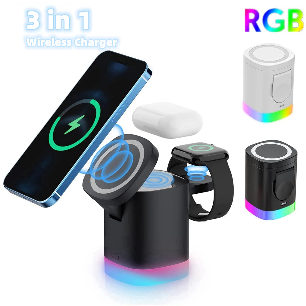 Ultimate 3-in-1 Magnetic Wireless Fast Charger with RGB Ambient Light - Perfect Charging Station for Your Smartphone, AirPods, and Apple Watch